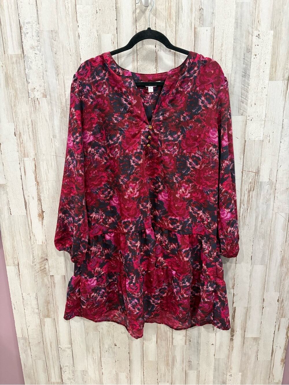 Time and Tru Floral Tiered Dress Size L Boho Burgundy Pink Long Sleeve NWT